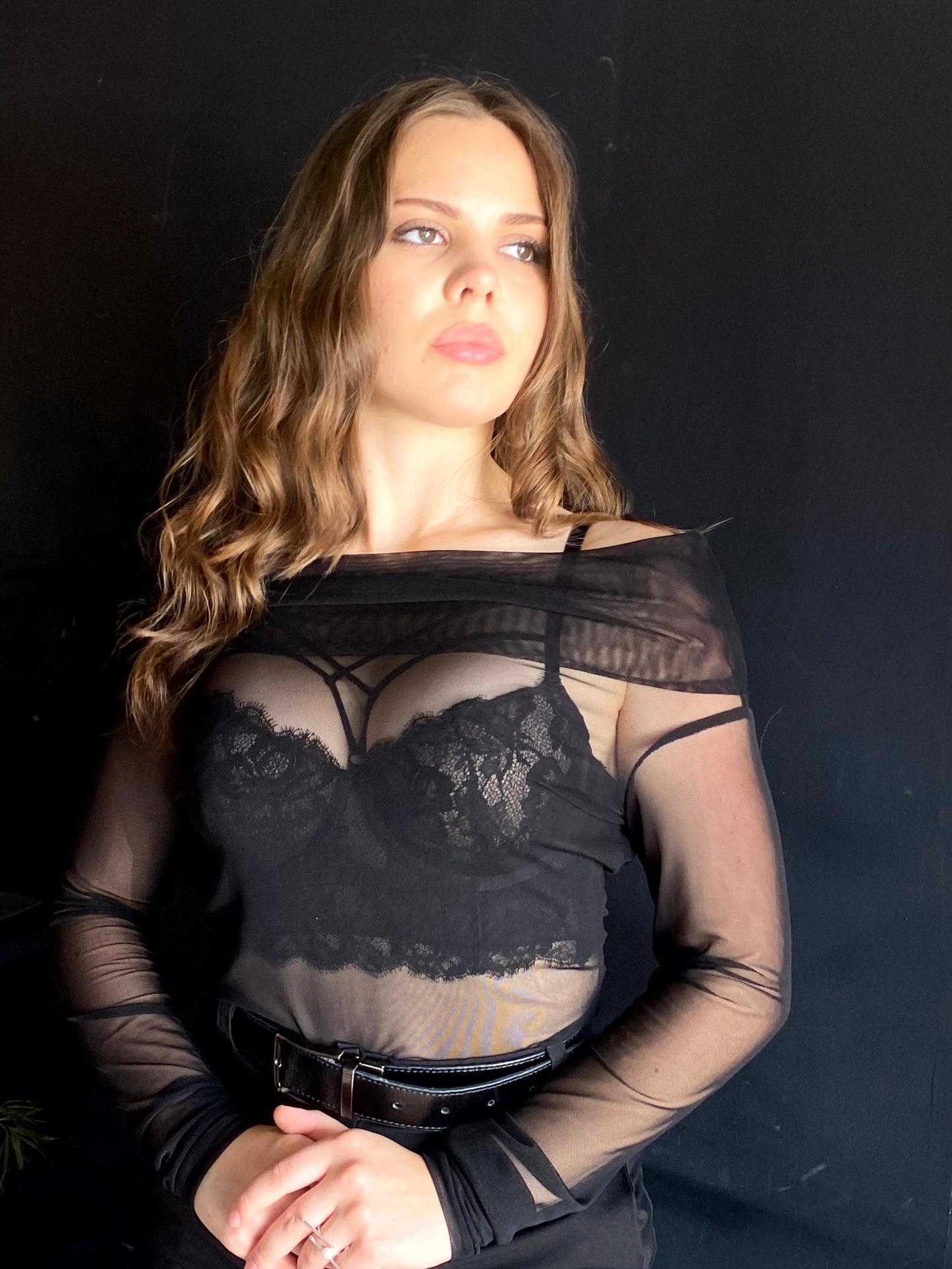 Black Fitted Sheer Mesh Tulle Top with Boat Neckline