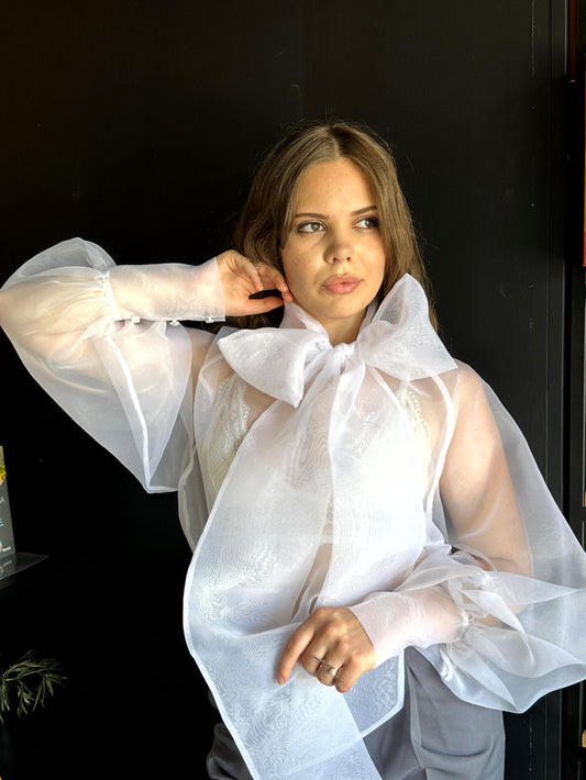 White Organza Sheer Top with Long Puff Sleeves