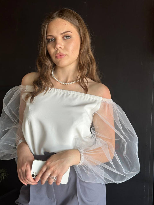 White Carmen Neckline Top with Sheer Tulle Sleeves